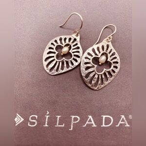 Silpada Sterling REPOSE Pearl Oxidized Hammered Cutout French Wire Earrings